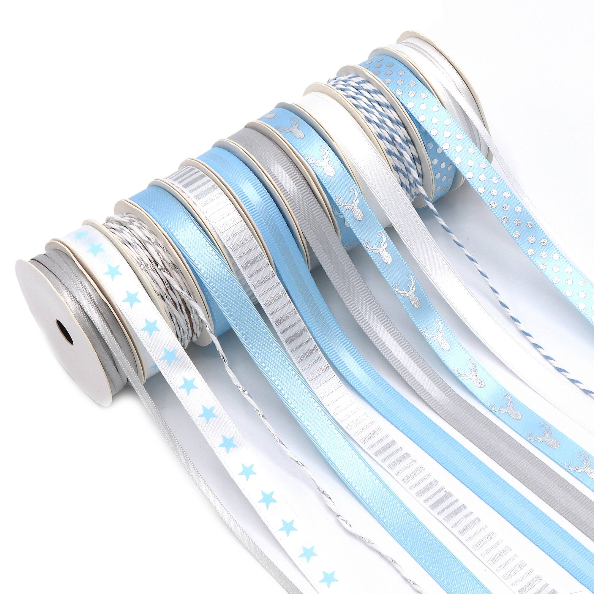 Gwen Studios 3/8" x 2yd. Silver & Blue Holiday Ribbon Pack, 24ct.